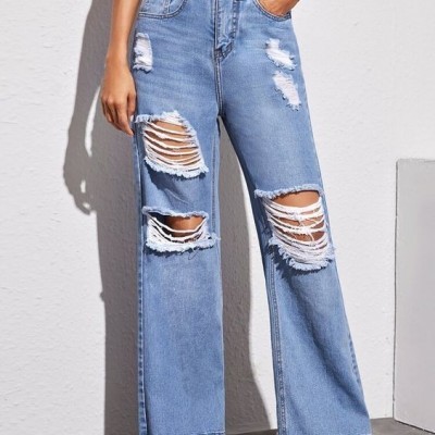 Quần jeans rách ống rộng nữ